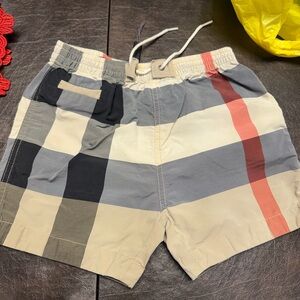 Kids Beige Plaid Swim Trunks with Red Stripe